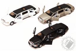 1999 Lincoln Town Car Stretch Limousine Diecast Model with Pullback Action and Openable Doors (Scale 1:38) (Color: Black) (Die Cast Limo),Kinsmart