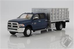 2018 Ram 3500 Flatbed Stake Pickup Truck Dually, Blue w/ Silver Stake Bed, 1:64 Scale Diecast Model,Greenlight Collectibles 