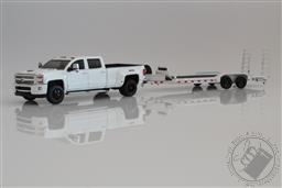 2018 Chevy Silverado 3500 Dually Pickup Truck, White With Car Hauler Trailer 1:64 Scale Diecast Model,Greenlight Collectibles 