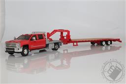 2018 Chevy 3500 HD Dually Red Cab with Silver Flatbed and Red Gooseneck Trailer Pickup Truck 1:64 Scale Diecast Model,Greenlight Collectibles 