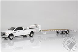 2018 Dodge RAM 3500 Dually Pickup Truck, With Gooseneck Trailer 1:64 Scale Diecast Model (White),Greenlight Collectibles 