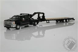 2018 Chevy 3500 HD Dually Black Cab with Black Flatbed and Gooseneck Trailer Pickup Truck 1:64 Scale Diecast Model,Greenlight Collectibles 