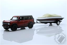 Hitch & Tow Series 23 - 2021 Ford Bronco Wildtrak in Rapid Red Metallic with Boat Trailer,Greenlight Collectibles 