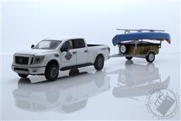 Hitch & Tow Series 23 - 2019 Nissan Titan XD Pro-4X “Whitewater Canoe Rental” with Canoe Trailer with Canoe Rack, Canoe and Kayak,Greenlight Collectibles 