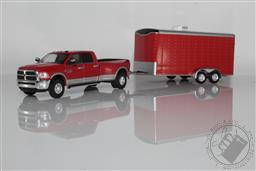 2018 Dodge Ram 3500 Dually Pickup Truck, With Red Enclosed Box Trailer / Car Hauler 1:64 Scale Diecast Model (Red),Greenlight Collectibles 