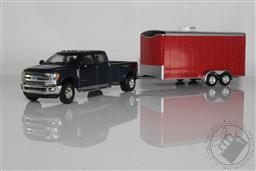 2019 Ford F-350 Dually Pickup Truck, With Red Enclosed Box Trailer / Car Hauler 1:64 Scale Diecast Model F350 (Blue),Greenlight Collectibles 