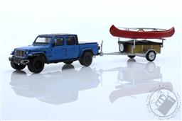 Hitch & Tow Series 24 - 2021 Jeep Gladiator Texas Trail Limited Edition in Hydro Blue Pearl Coat with Canoe Trailer with Canoe Rack, Canoe and Kayak,Greenlight Collectibles 