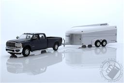Hitch & Tow Series 24 - 2021 Ram 3500 Laramie Crew Cab in Maximum Steel Metallic Clear with Aerovault MKII Trailer in White and Bare Aluminum,Greenlight Collectibles 