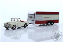 1955 Chevy Cameo Pickup Truck in Bombay Ivory with Enclosed Car Trailer,Johnny Lightning