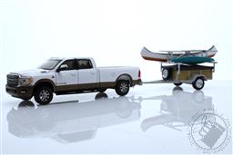 Hitch & Tow Series 26 - 2022 Ram 2500 Laramie Limited Bright White & Walnut Brown with Canoe Trailer with Canoe Rack, Canoe and Kayak,Greenlight Collectibles 