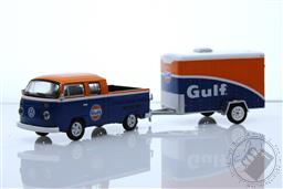 PREORDER Hitch & Tow Series 28 - 1975 Volkswagen T2 Type 2 Double Cab Pick-Up Gulf Oil with Small Cargo Trailer - Gulf Oil (AVAILABLE MAR-APR 2023),Greenlight Collectibles
