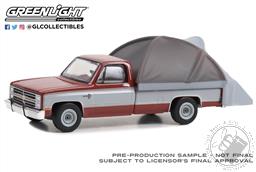 PREORDER The Great Outdoors Series 3 - 1983 Chevrolet C20 Silverado - Carmine Red and Silver Metallic with Modern Truck Bed Tent (AVAILABLE APR-MAY 2023),Greenlight Collectibles