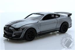 Auto World Premium - 2022 Release 4B - 2021 Ford Mustang Shelby GT500 - Carbon Edition in Iconic Silver with Twin Black Stipes on Lower Rockers,Auto World