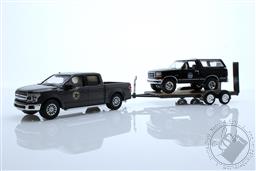 Hitch & Tow Series 11 - 2018 Ford F-150 Yellowstone Montana Livestock Association with 1992 Ford Bronco Montana Livestock Association on Flatbed Trailer,Greenlight Collectibles