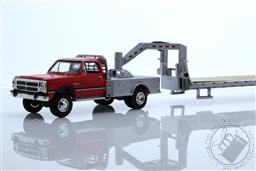 1992 1st Generation Ram Dually Red And Silver Flatbed With Silver Gooseneck Trailer - Outback Toy’s Exclusive,Greenlight Collectibles
