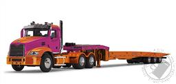 PREORDER Mack Pinnacle with Minimizer Parts and Talbert 5553TA Traveling-Axle Trailer in Orange and Pink Fuchsia (AVAILABLE JUL-AUG 2023),Die Cast Promotions