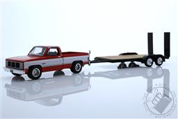 1986 GMC Sierra Classic 2500 Red & White With Black Flatbed Trailer - Midwest Diecast Exclusive Greenlight ,Greenlight Collectibles