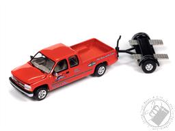 PREORDER 2002 Chevrolet Silverado Extended Cab with Tow Dolly in Orange - Tow Dolly NEW TOOLING (AVAILABLE JUL-AUG 2023),Johnny Lightning